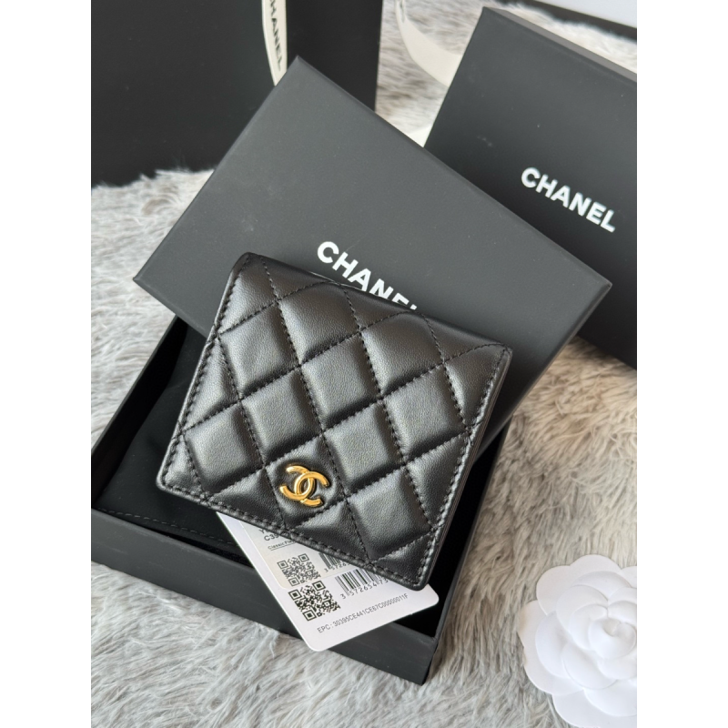 Chanel nero pelle di agnello piccolo portafoglio piegato oro hardware