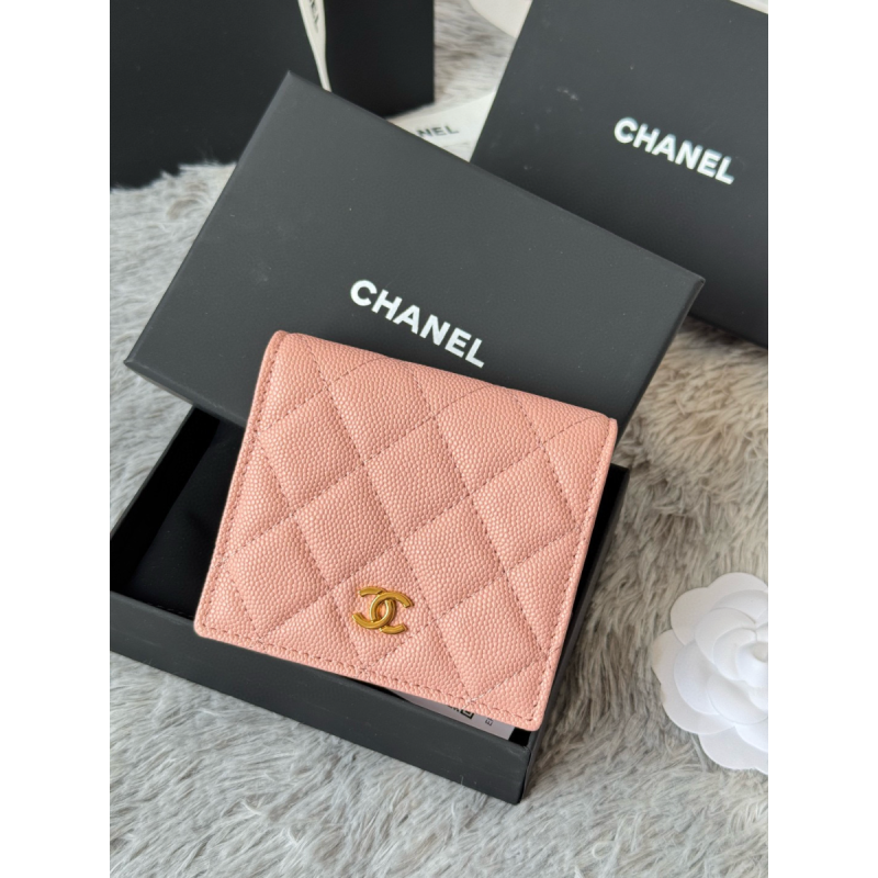 Chanel pelle rosa granulata piccolo portafoglio piegato hardware oro