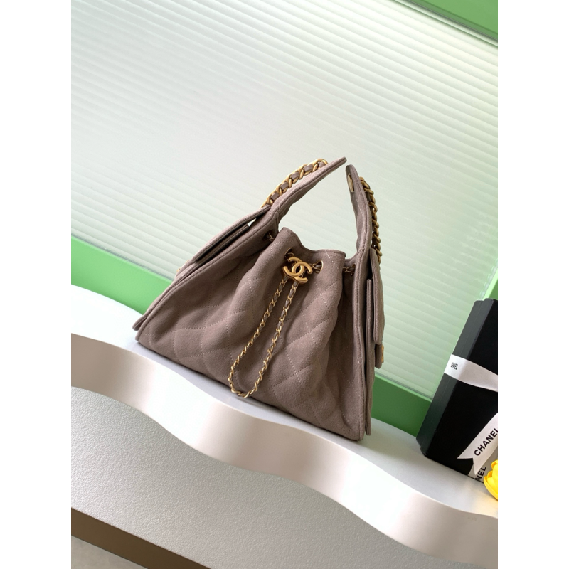 Chanel 25 Small handbag in Suede Calfskin-Light grey