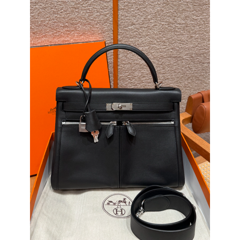 Hermes Kelly Lakis Pocket 28 / 32 in Swift Leather-Black