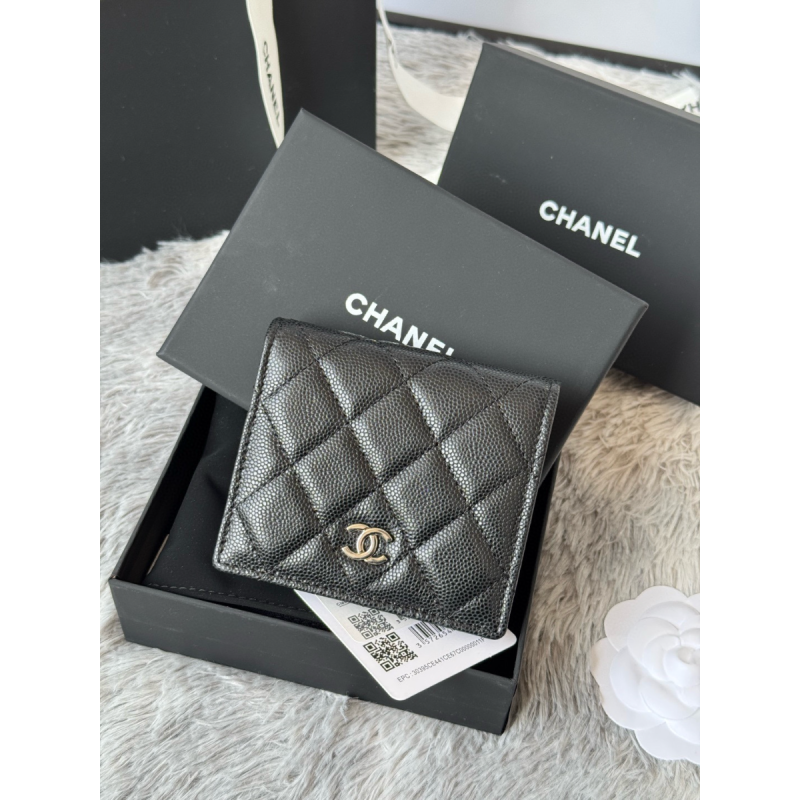 Chanel nero pelle granulata piccolo portafoglio piegato hardware argento