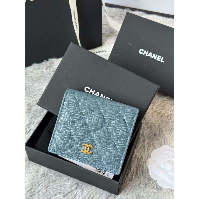Chanel Blue pelle granulata piccolo portafoglio piegato hardware oro